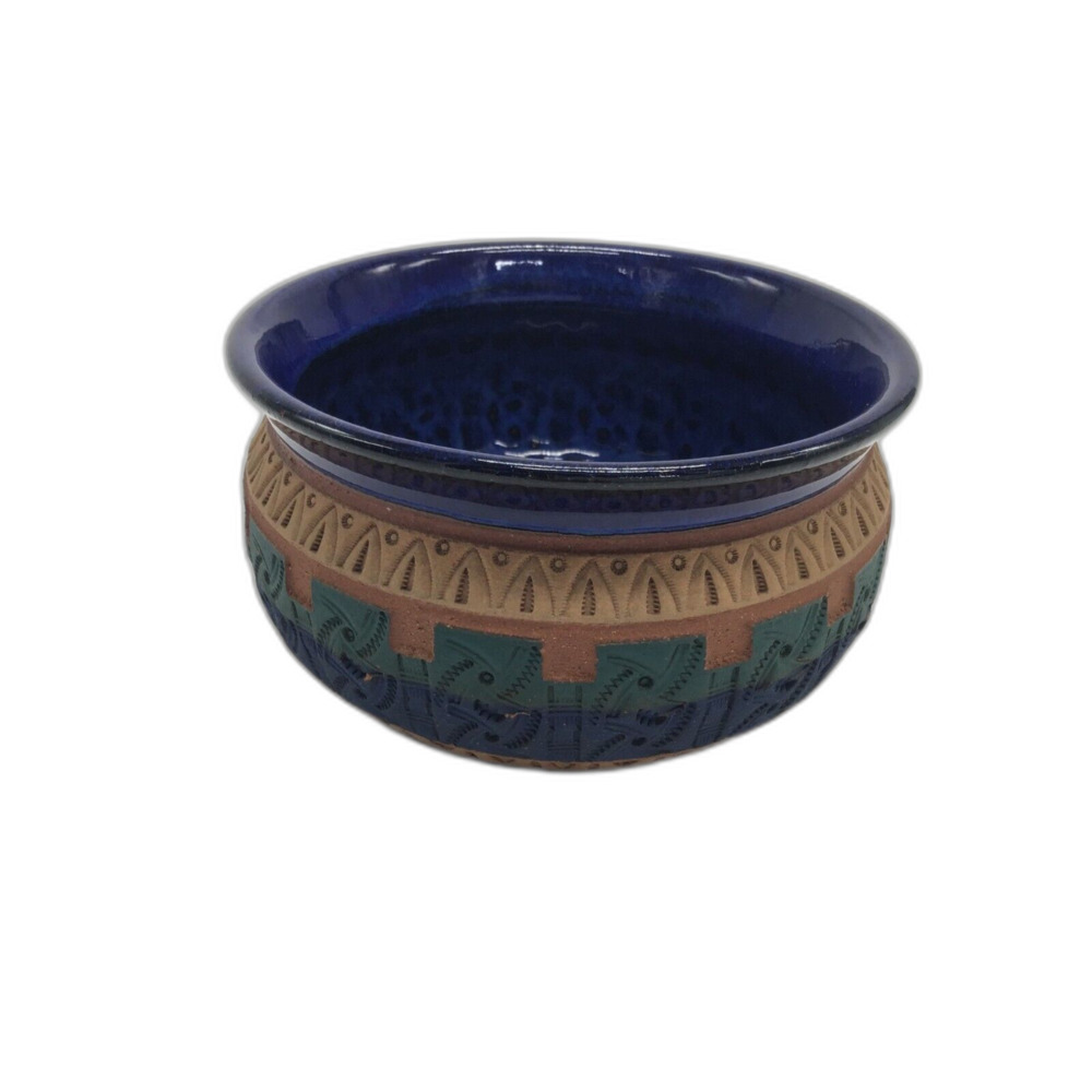 Handmade Art Pottery Southwestern Redware Green Blue Artist Signed 5.5 Inch